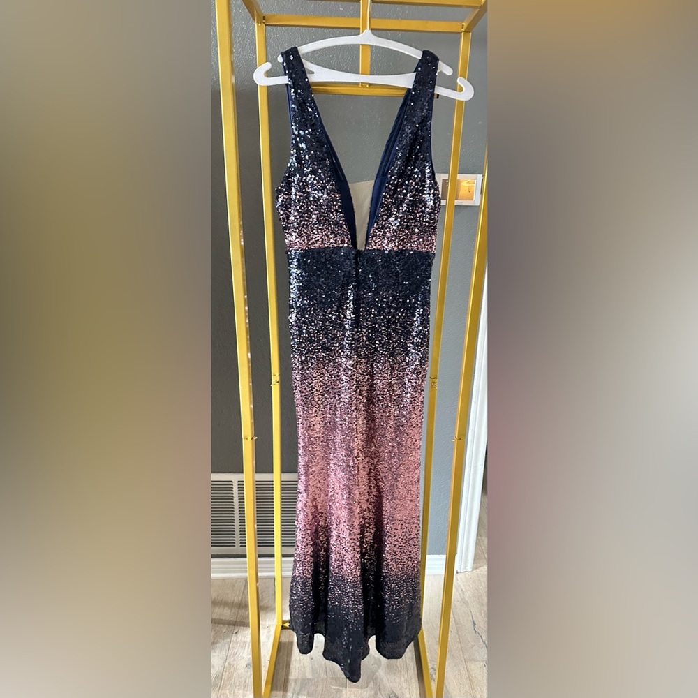 Navy Blue and rose gold v neck sequin evening gown dress size L